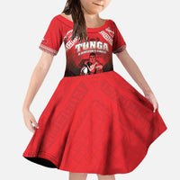 Custom Rugby Tonga MMT Family Matching Off The Shoulder Long Sleeve Dress and Hawaiian Shirt Mana O Tonga LT05 Daughter's Dress Red - Polynesian Pride