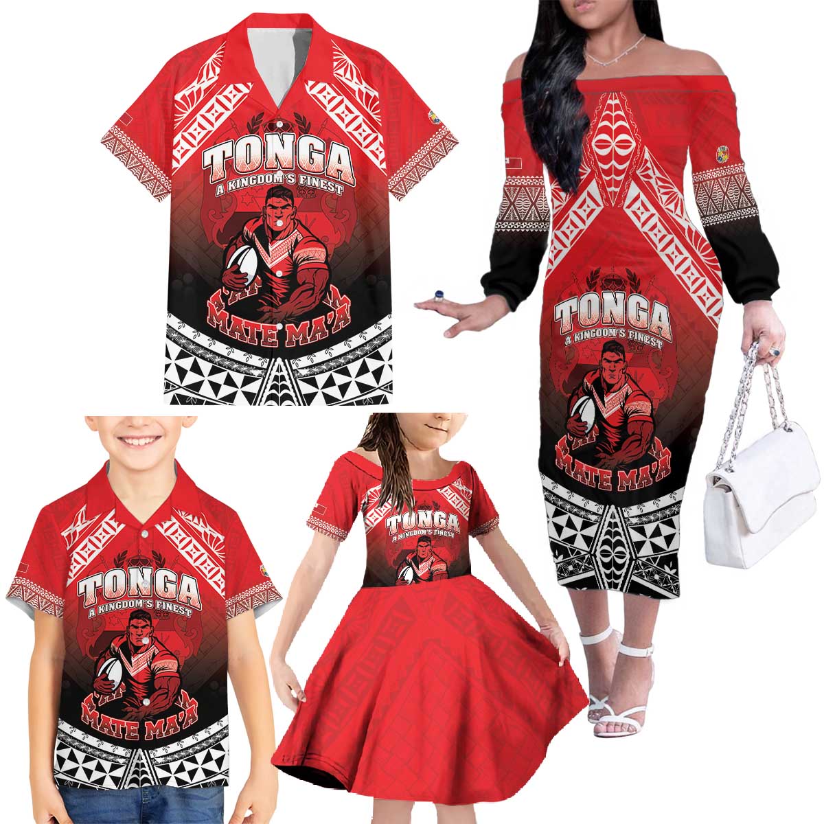 Custom Rugby Tonga MMT Family Matching Off The Shoulder Long Sleeve Dress and Hawaiian Shirt Mana O Tonga LT05 - Polynesian Pride