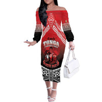 Custom Rugby Tonga MMT Family Matching Off The Shoulder Long Sleeve Dress and Hawaiian Shirt Mana O Tonga LT05 Mom's Dress Red - Polynesian Pride