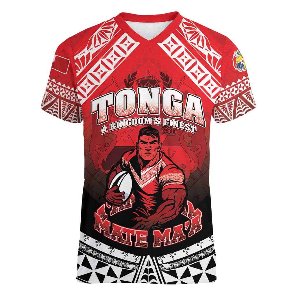 Custom Rugby Tonga MMT Women V-Neck T-Shirt Mana O Tonga - Polynesian Pride