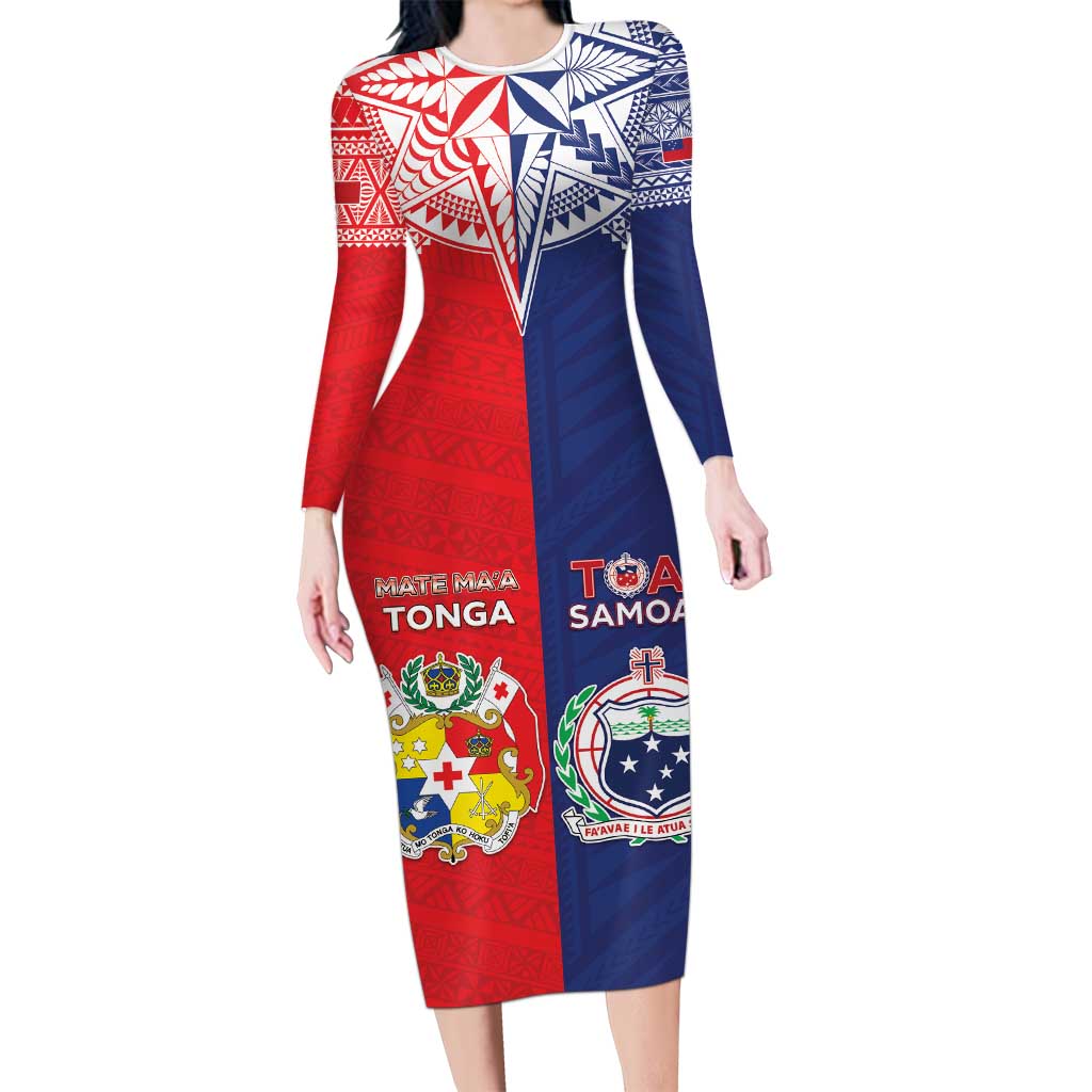 Custom Rugby Samoa And Tonga Family Matching Long Sleeve Bodycon Dress and Hawaiian Shirt Toa Samoa With Mate Maa - Polynesian Pride
