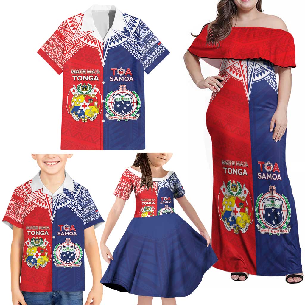 Custom Rugby Samoa And Tonga Family Matching Off Shoulder Maxi Dress and Hawaiian Shirt Toa Samoa With Mate Maa LT05 - Polynesian Pride