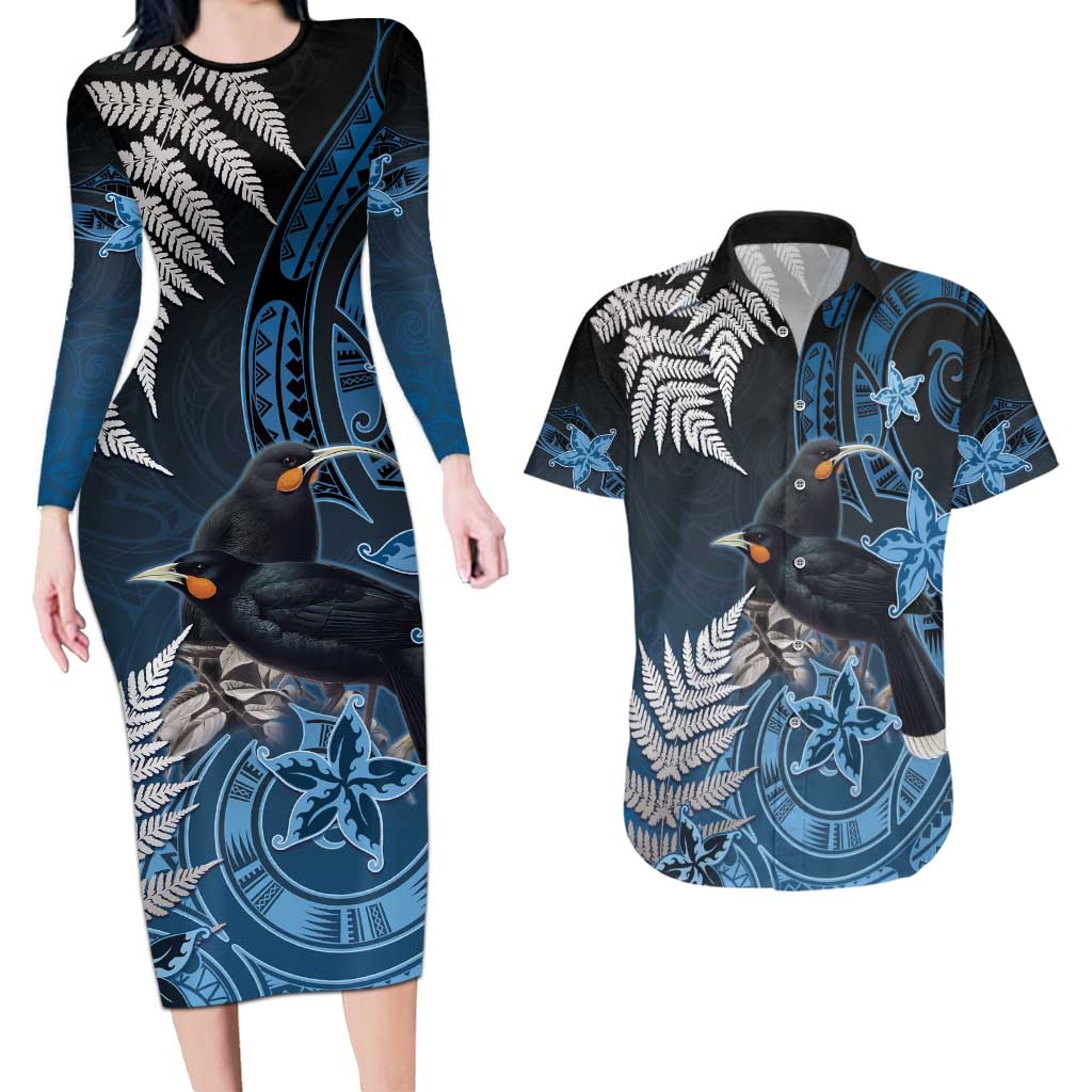 New Zealand Huia Bird Couples Matching Long Sleeve Bodycon Dress and Hawaiian Shirt Aotearoa Maori Pattern