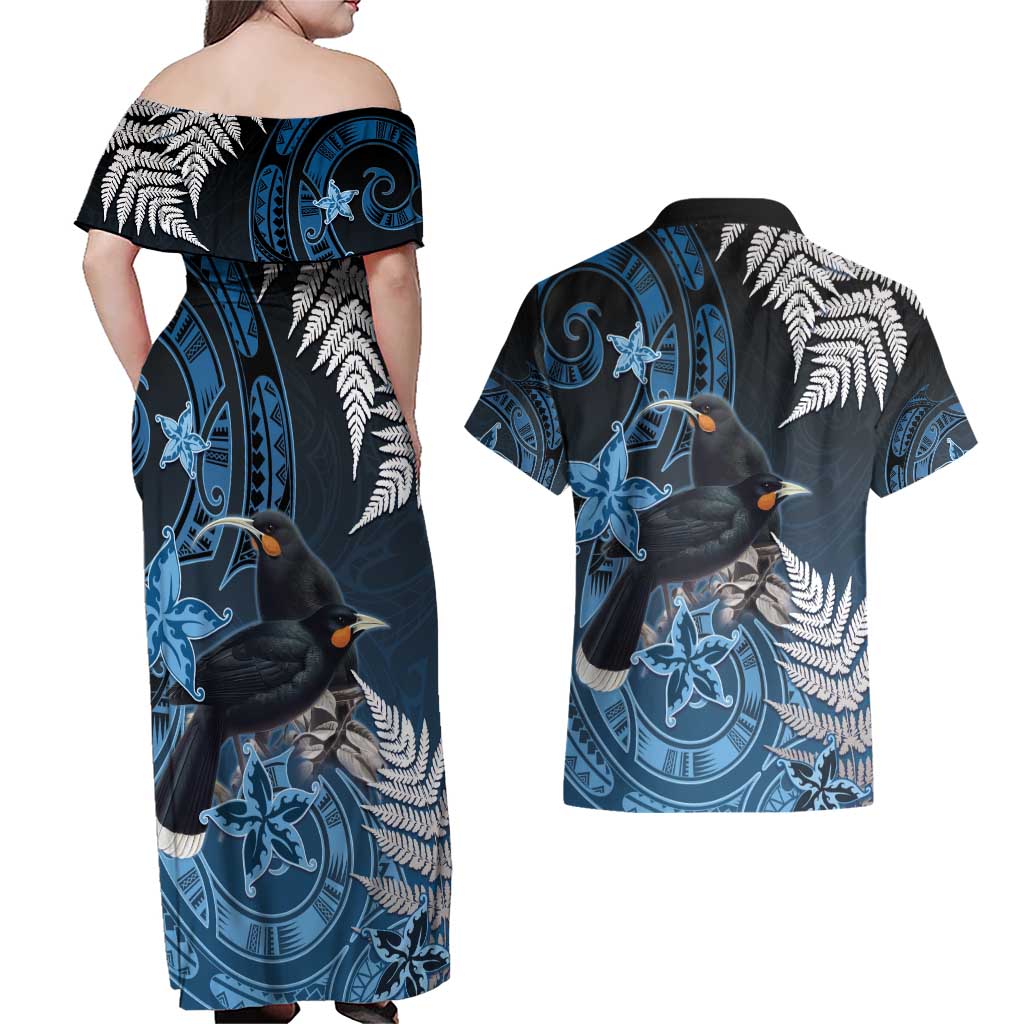 New Zealand Huia Bird Couples Matching Off Shoulder Maxi Dress and Hawaiian Shirt Aotearoa Maori Pattern