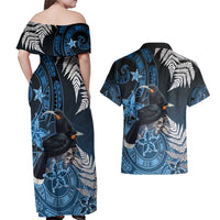 New Zealand Huia Bird Couples Matching Off Shoulder Maxi Dress and Hawaiian Shirt Aotearoa Maori Pattern