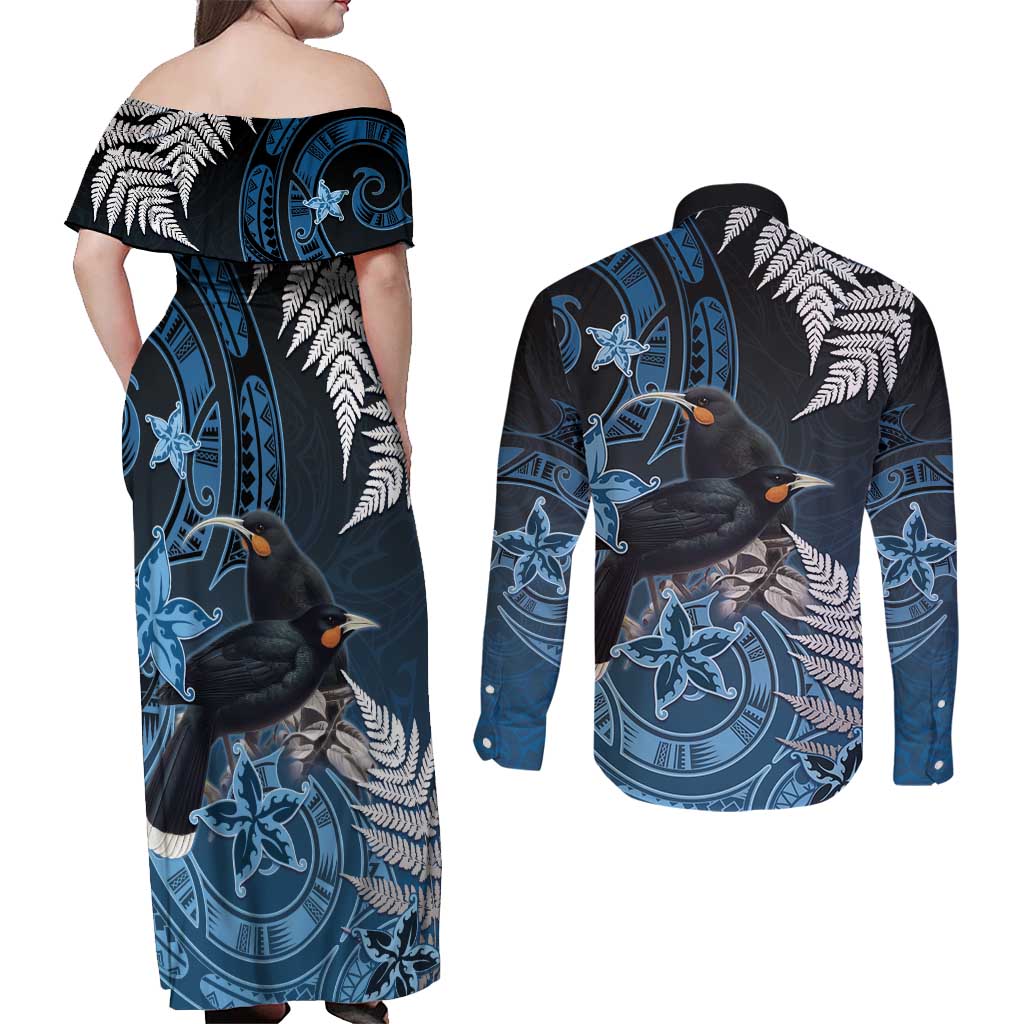 New Zealand Huia Bird Couples Matching Off Shoulder Maxi Dress and Long Sleeve Button Shirt Aotearoa Maori Pattern LT05 - Polynesian Pride