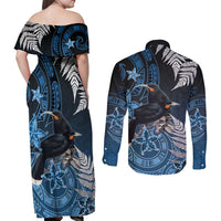 New Zealand Huia Bird Couples Matching Off Shoulder Maxi Dress and Long Sleeve Button Shirt Aotearoa Maori Pattern LT05 - Polynesian Pride