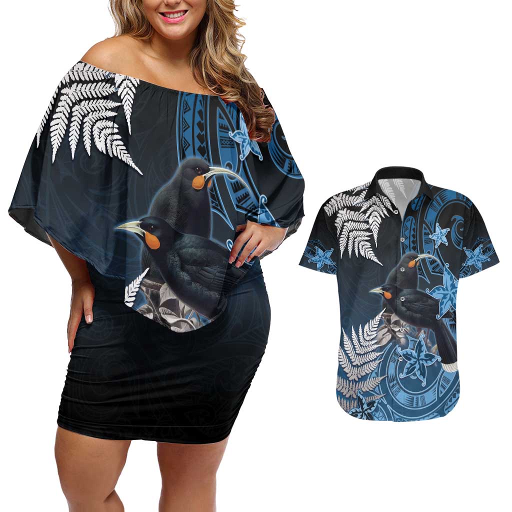 New Zealand Huia Bird Couples Matching Off Shoulder Short Dress and Hawaiian Shirt Aotearoa Maori Pattern