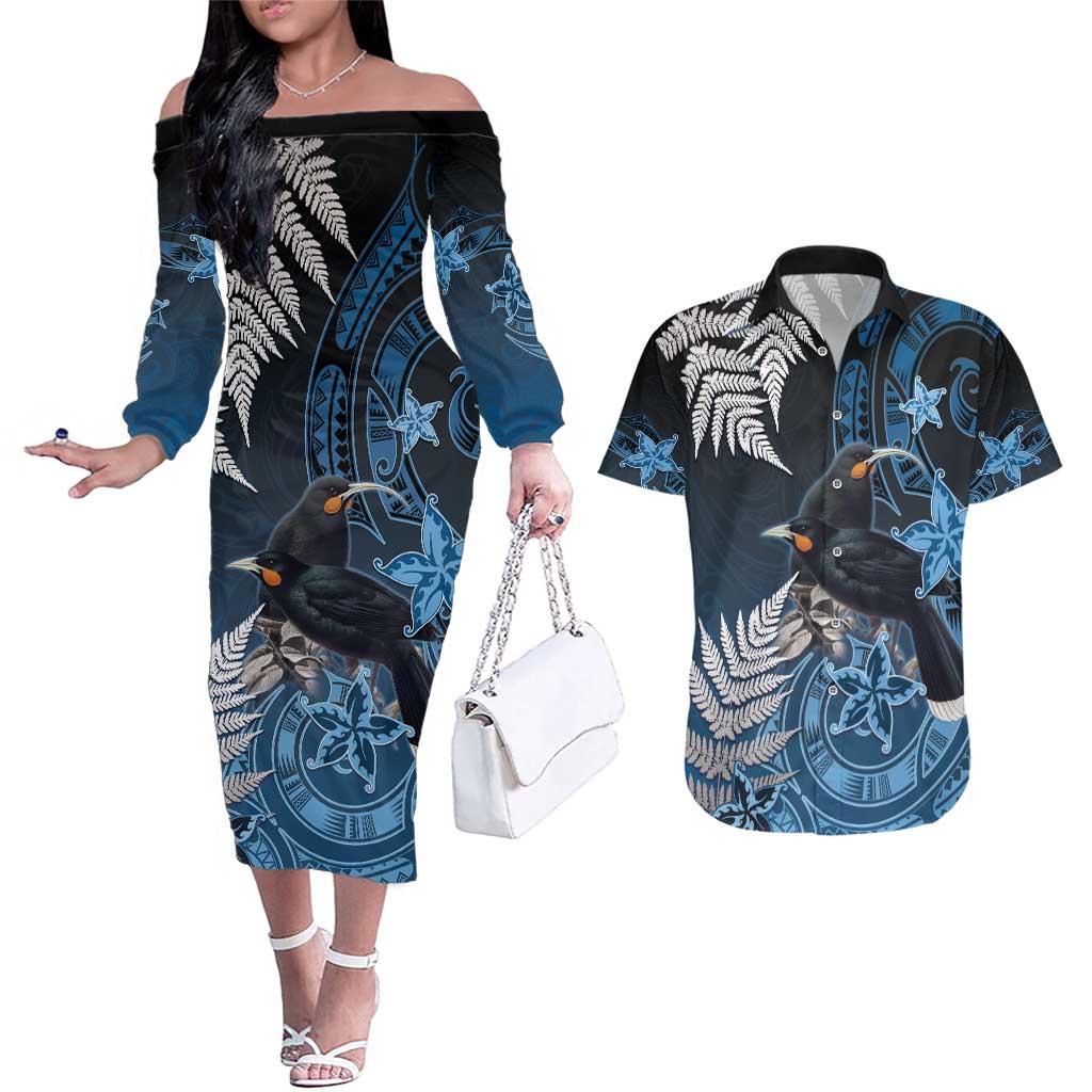 New Zealand Huia Bird Couples Matching Off The Shoulder Long Sleeve Dress and Hawaiian Shirt Aotearoa Maori Pattern