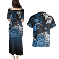 New Zealand Huia Bird Couples Matching Puletasi and Hawaiian Shirt Aotearoa Maori Pattern