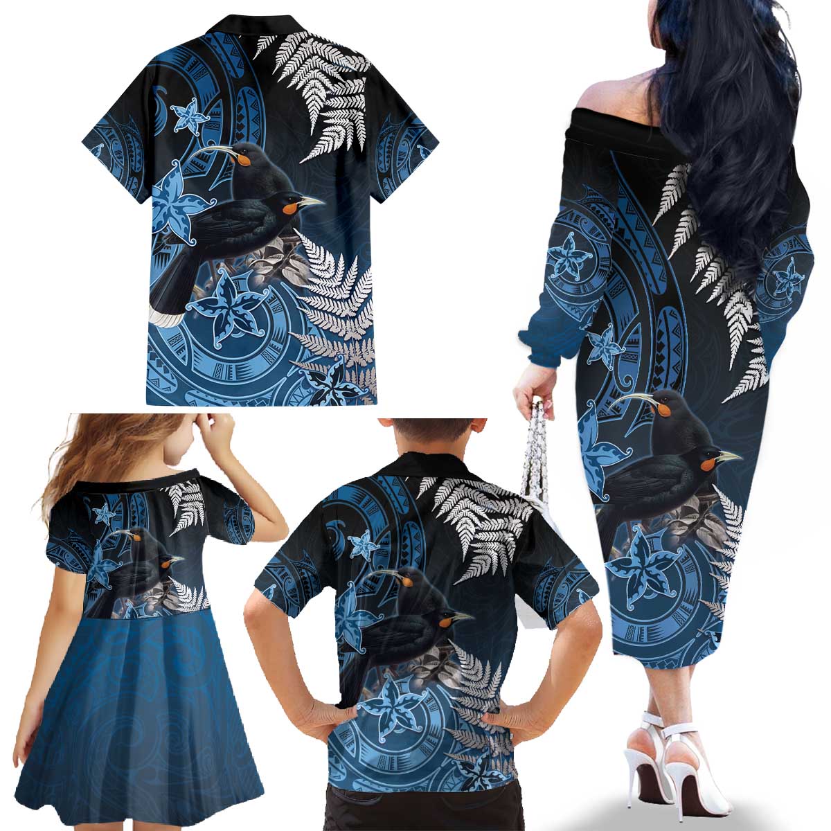 New Zealand Huia Bird Family Matching Off The Shoulder Long Sleeve Dress and Hawaiian Shirt Aotearoa Maori Pattern