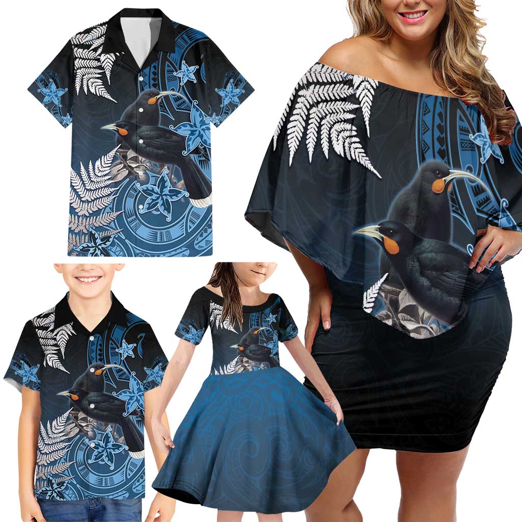 New Zealand Huia Bird Family Matching Off Shoulder Short Dress and Hawaiian Shirt Aotearoa Maori Pattern