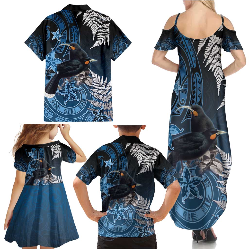 New Zealand Huia Bird Family Matching Summer Maxi Dress and Hawaiian Shirt Aotearoa Maori Pattern