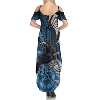New Zealand Huia Bird Family Matching Summer Maxi Dress and Hawaiian Shirt Aotearoa Maori Pattern