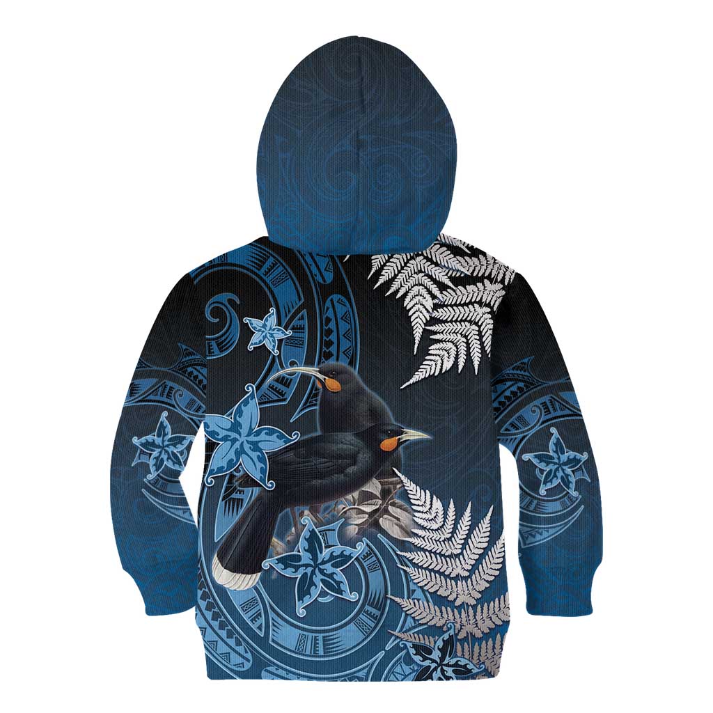 New Zealand Huia Bird Kid Hoodie Aotearoa Maori Pattern