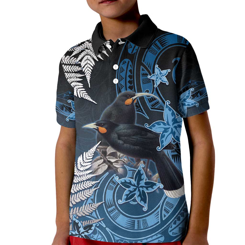 New Zealand Huia Bird Kid Polo Shirt Aotearoa Maori Pattern