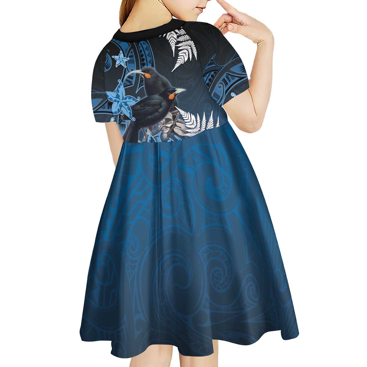 New Zealand Huia Bird Kid Short Sleeve Dress Aotearoa Maori Pattern