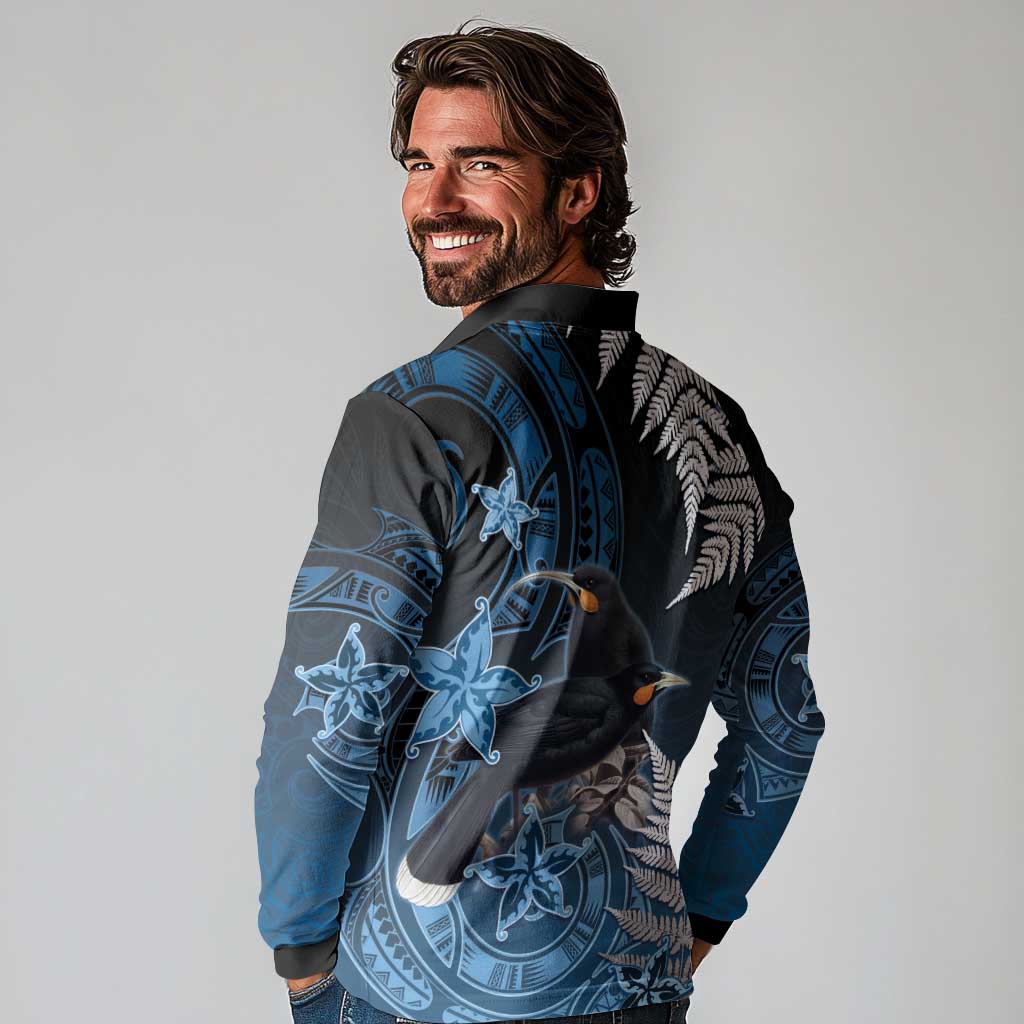 New Zealand Huia Bird Long Sleeve Polo Shirt Aotearoa Maori Pattern