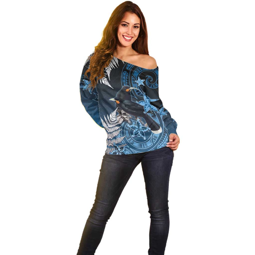 New Zealand Huia Bird Off Shoulder Sweater Aotearoa Maori Pattern