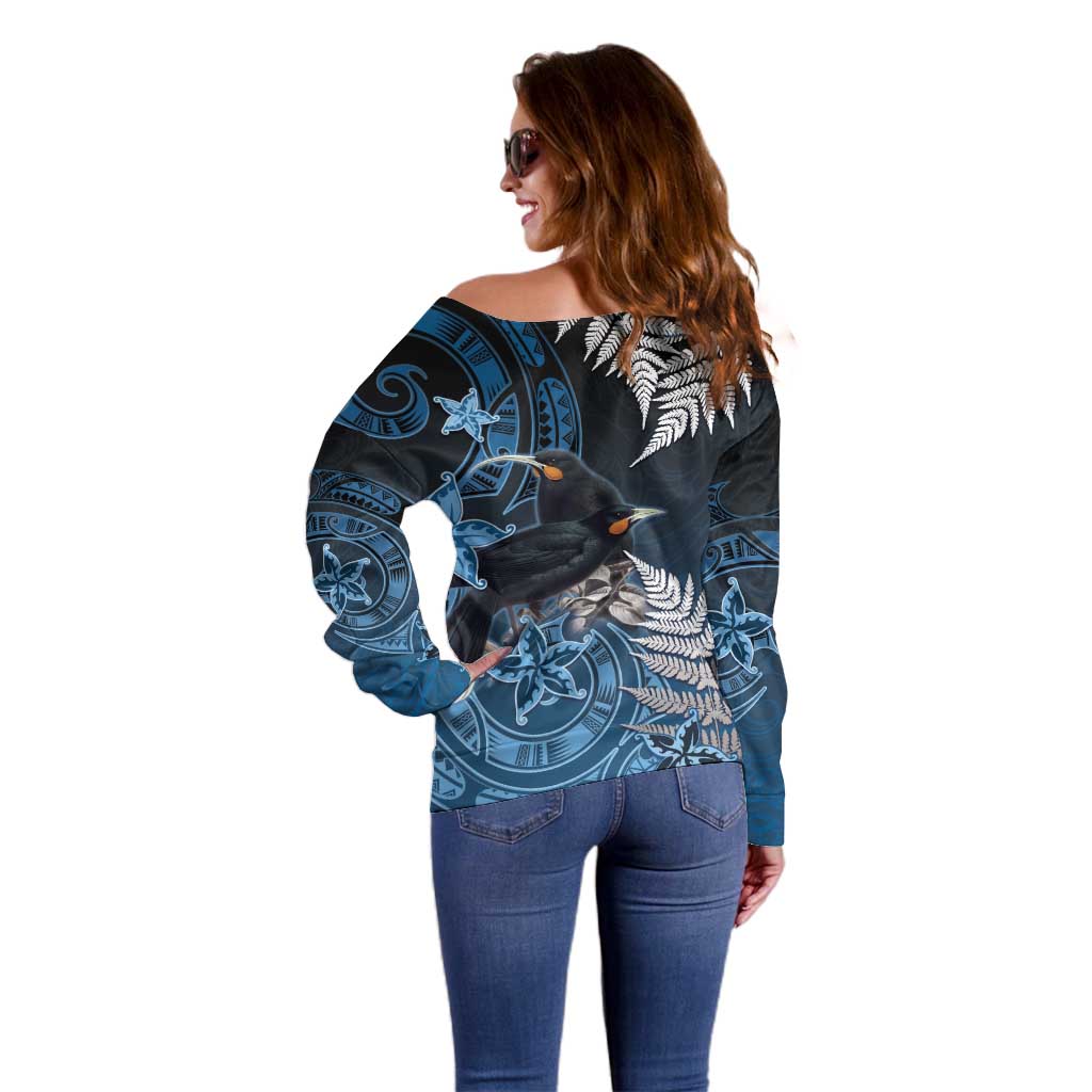New Zealand Huia Bird Off Shoulder Sweater Aotearoa Maori Pattern
