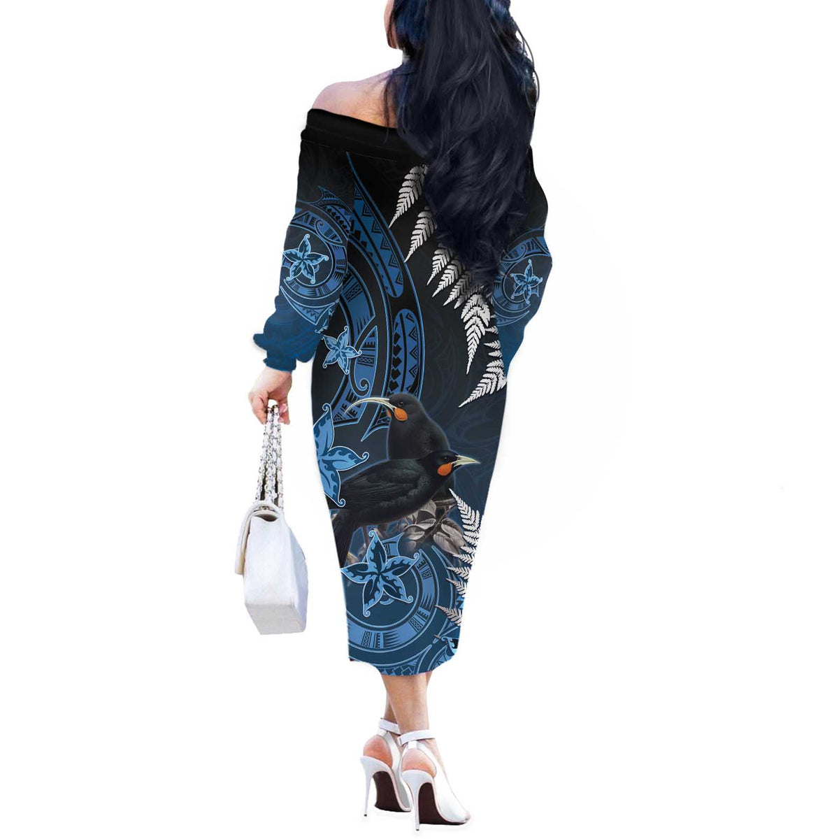 New Zealand Huia Bird Off The Shoulder Long Sleeve Dress Aotearoa Maori Pattern
