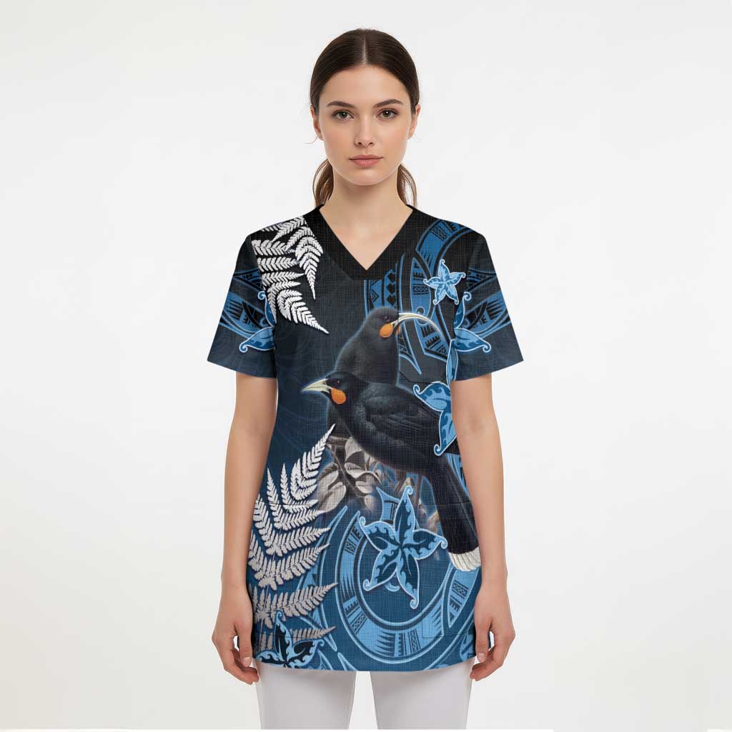New Zealand Huia Bird Scrub Top Aotearoa Maori Pattern - Polynesian Pride