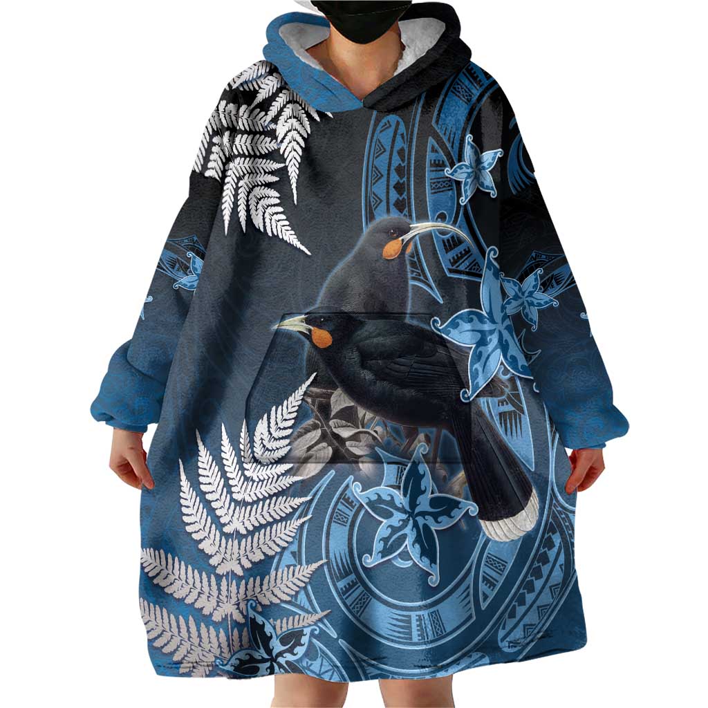 New Zealand Huia Bird Wearable Blanket Hoodie Aotearoa Maori Pattern