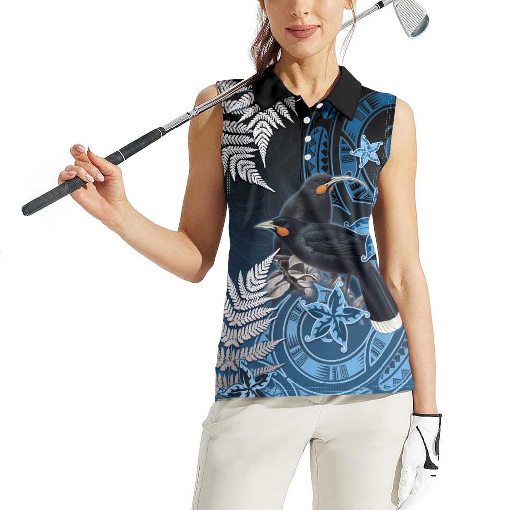 New Zealand Huia Bird Women Sleeveless Polo Shirt Aotearoa Maori Pattern