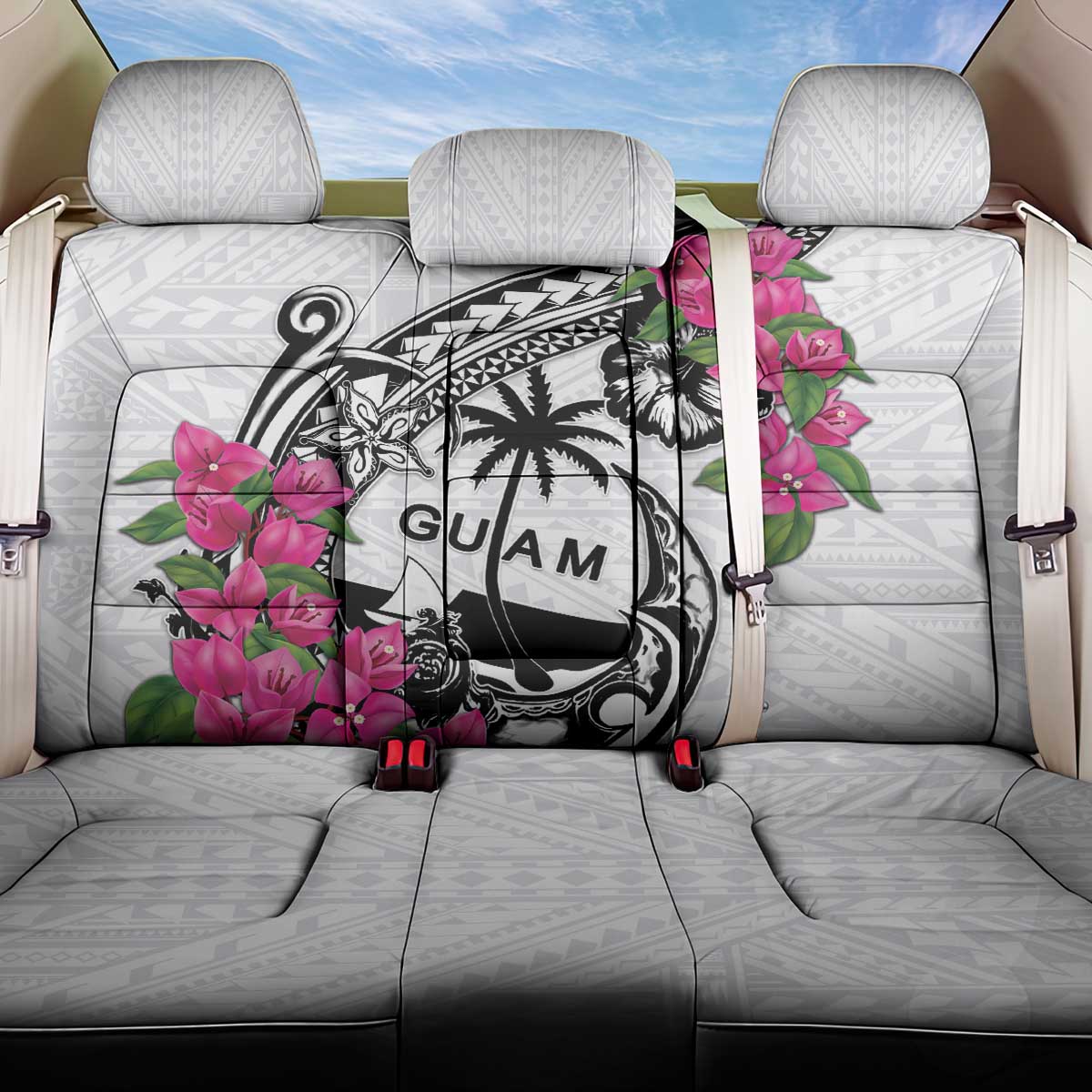Guam Chamorro Back Car Seat Cover Bougainvillea White Polynesian Tribal Pattern LT05 One Size White - Polynesian Pride