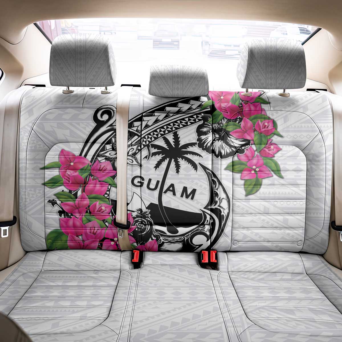 Guam Chamorro Back Car Seat Cover Bougainvillea White Polynesian Tribal Pattern LT05 - Polynesian Pride