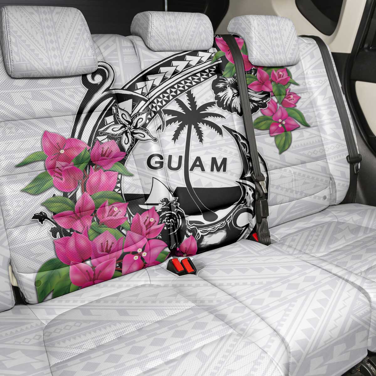 Guam Chamorro Back Car Seat Cover Bougainvillea White Polynesian Tribal Pattern LT05 - Polynesian Pride