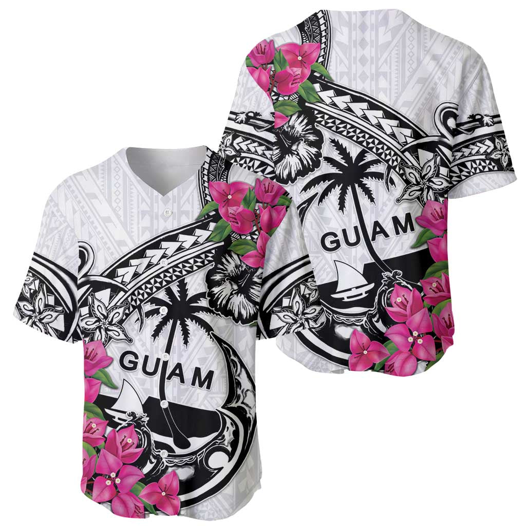 Guam Chamorro Baseball Jersey Bougainvillea White Polynesian Tribal Pattern