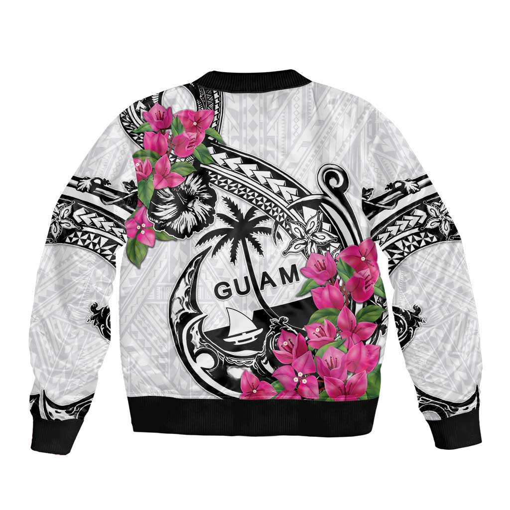 Guam Chamorro Bomber Jacket Bougainvillea White Polynesian Tribal Pattern