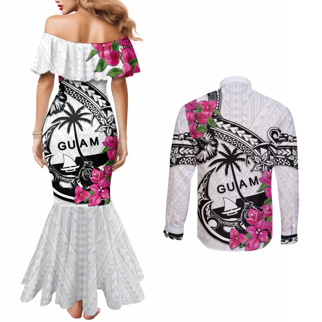 Guam Chamorro Couples Matching Mermaid Dress and Long Sleeve Button Shirt Bougainvillea White Polynesian Tribal Pattern
