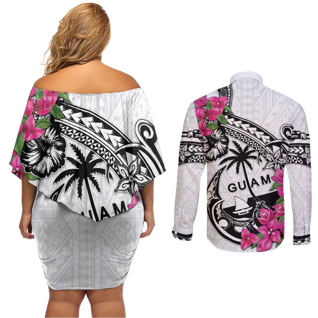 Guam Chamorro Couples Matching Off Shoulder Short Dress and Long Sleeve Button Shirt Bougainvillea White Polynesian Tribal Pattern