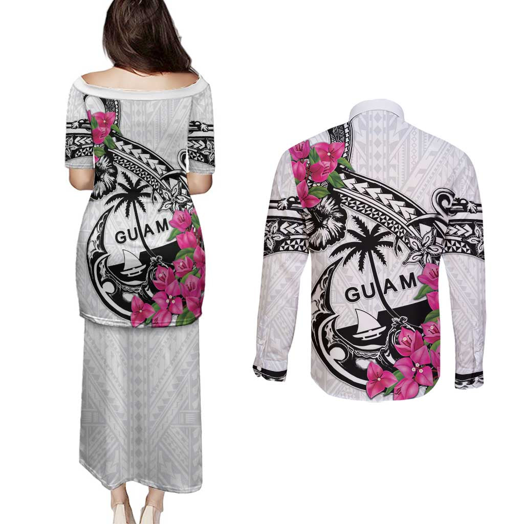 Guam Chamorro Couples Matching Puletasi and Long Sleeve Button Shirt Bougainvillea White Polynesian Tribal Pattern