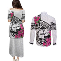Guam Chamorro Couples Matching Puletasi and Long Sleeve Button Shirt Bougainvillea White Polynesian Tribal Pattern
