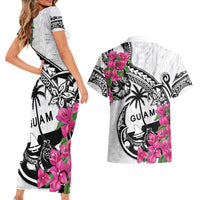Guam Chamorro Couples Matching Short Sleeve Bodycon Dress and Hawaiian Shirt Bougainvillea White Polynesian Tribal Pattern