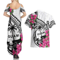 Guam Chamorro Couples Matching Summer Maxi Dress and Hawaiian Shirt Bougainvillea White Polynesian Tribal Pattern
