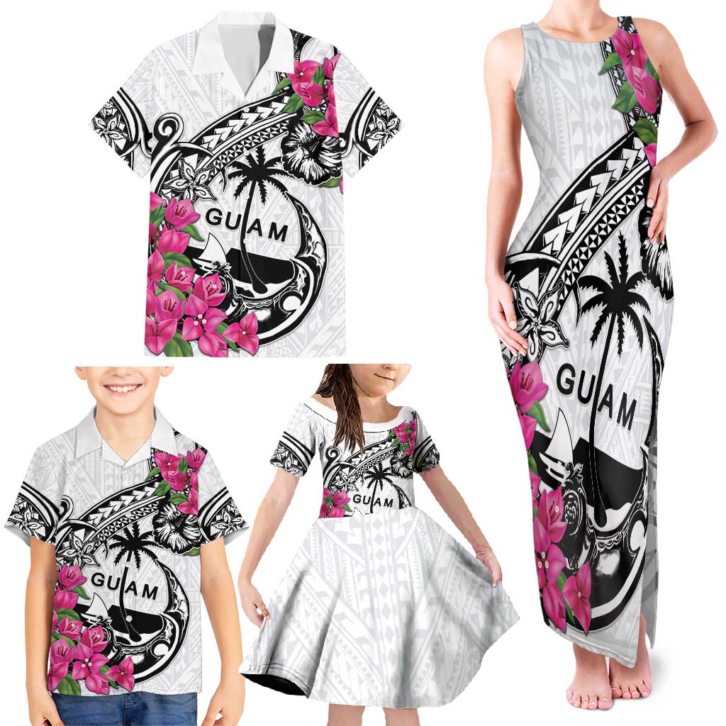Guam Chamorro Family Matching Tank Maxi Dress and Hawaiian Shirt Bougainvillea White Polynesian Tribal Pattern