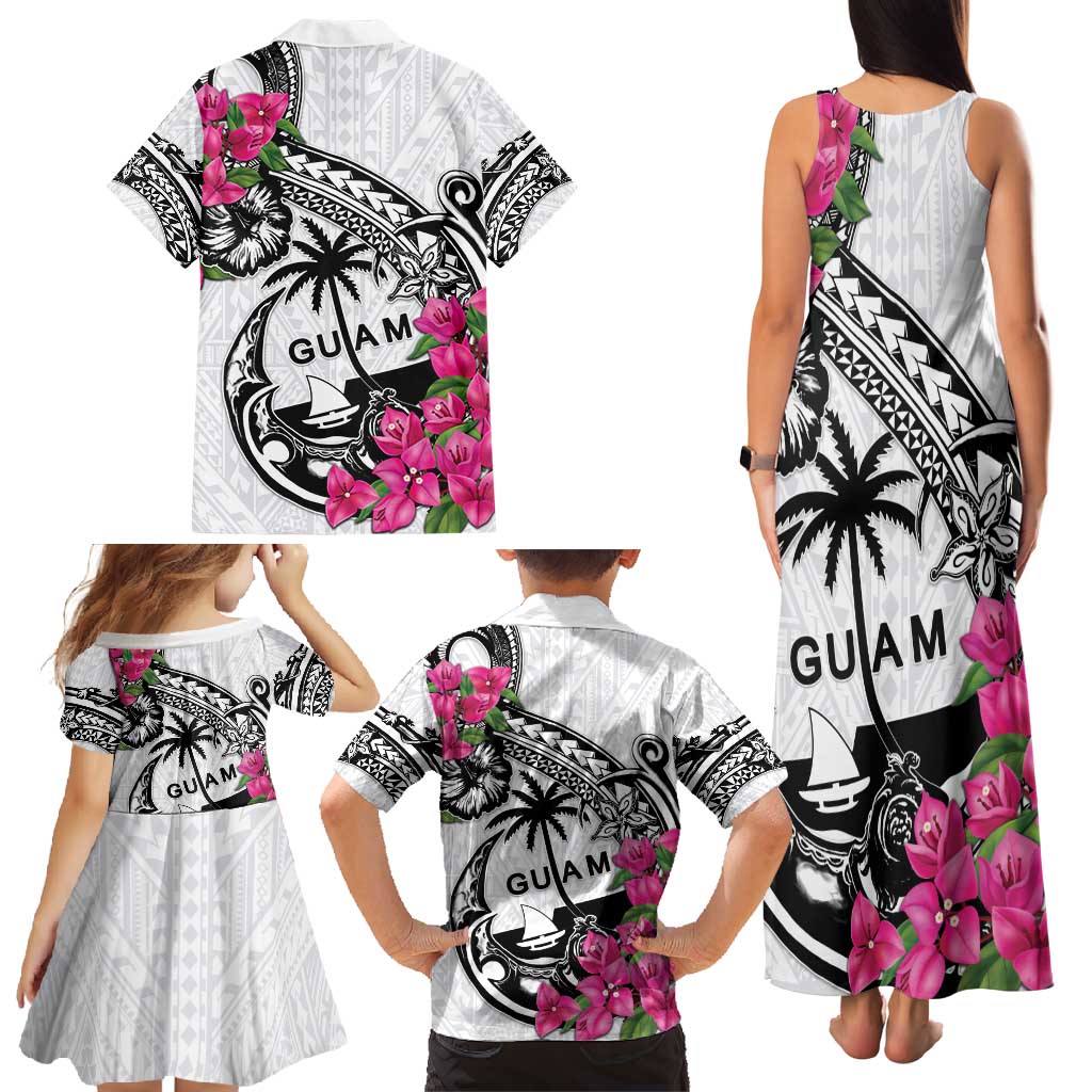 Guam Chamorro Family Matching Tank Maxi Dress and Hawaiian Shirt Bougainvillea White Polynesian Tribal Pattern