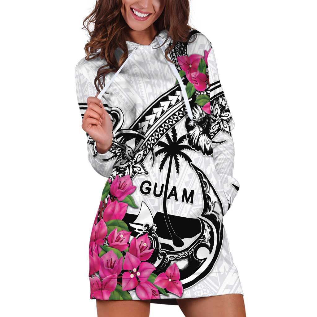 Guam Chamorro Hoodie Dress Bougainvillea White Polynesian Tribal Pattern