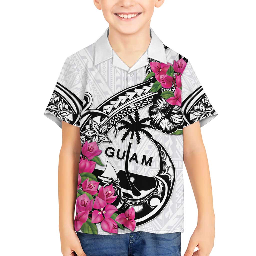 Guam Chamorro Kid Hawaiian Shirt Bougainvillea White Polynesian Tribal Pattern