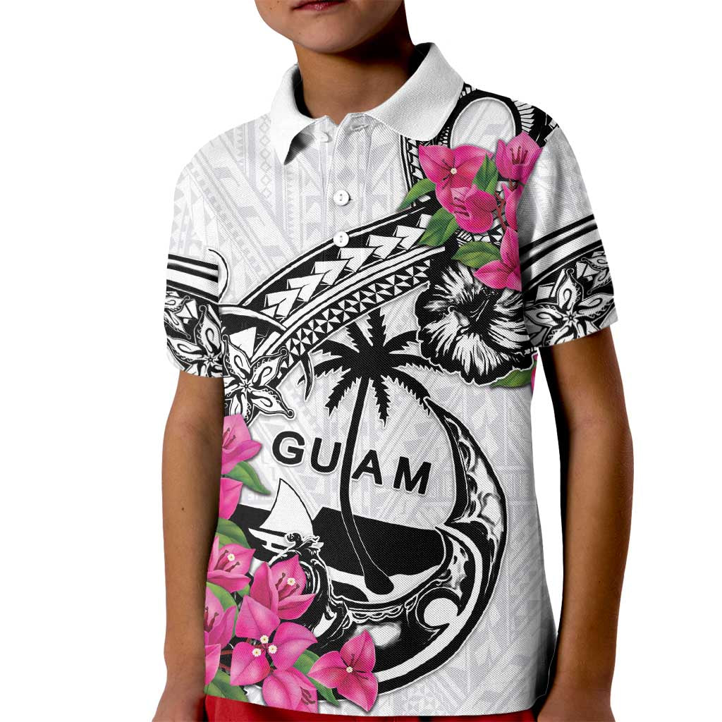 Guam Chamorro Kid Polo Shirt Bougainvillea White Polynesian Tribal Pattern