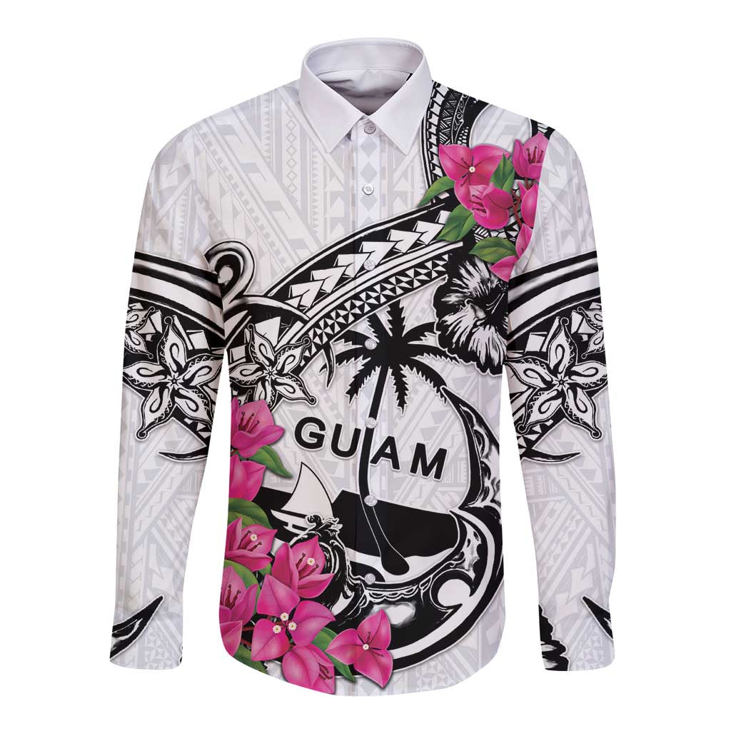 Guam Chamorro Long Sleeve Button Shirt Bougainvillea White Polynesian Tribal Pattern