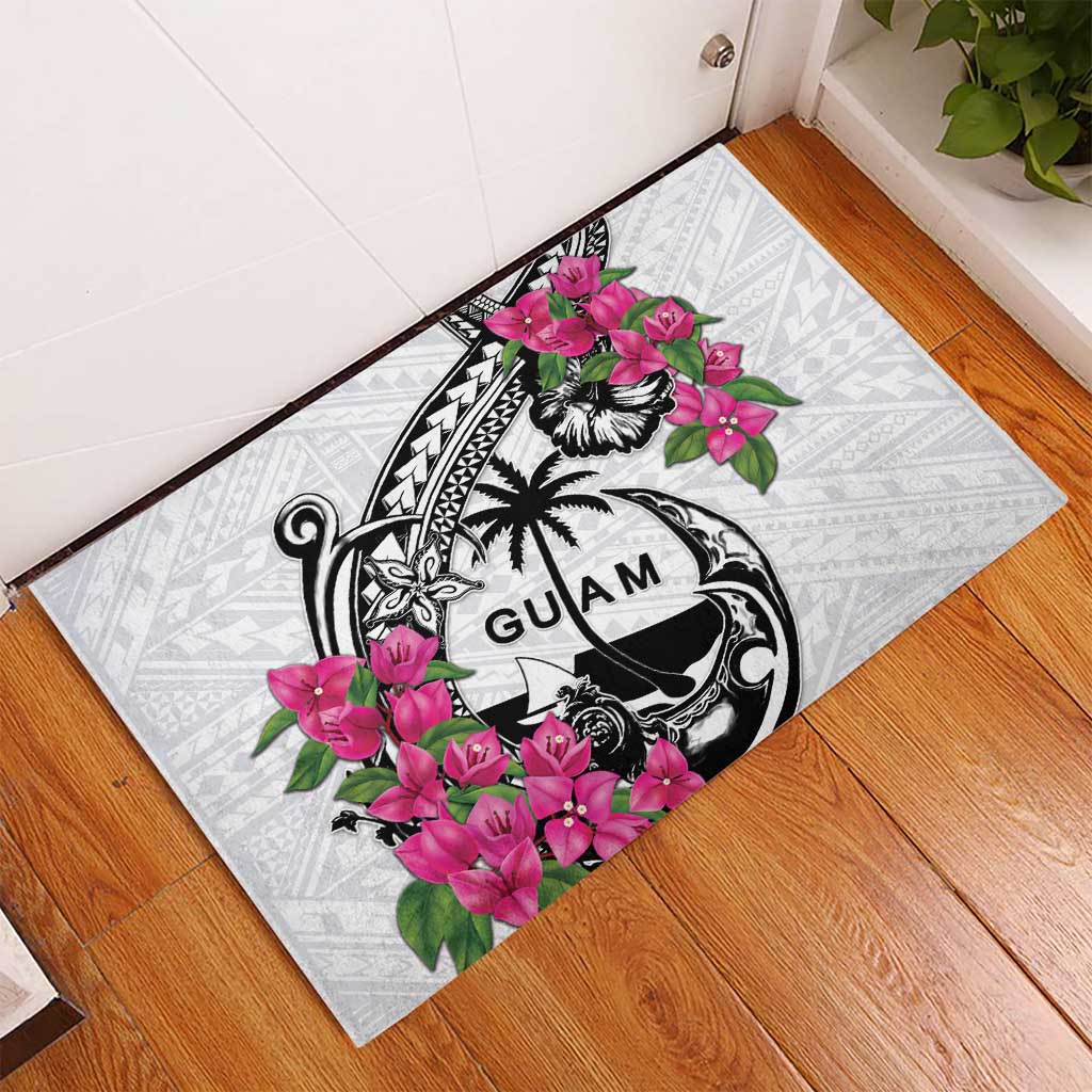 Guam Chamorro Rubber Doormat Bougainvillea White Polynesian Tribal Pattern