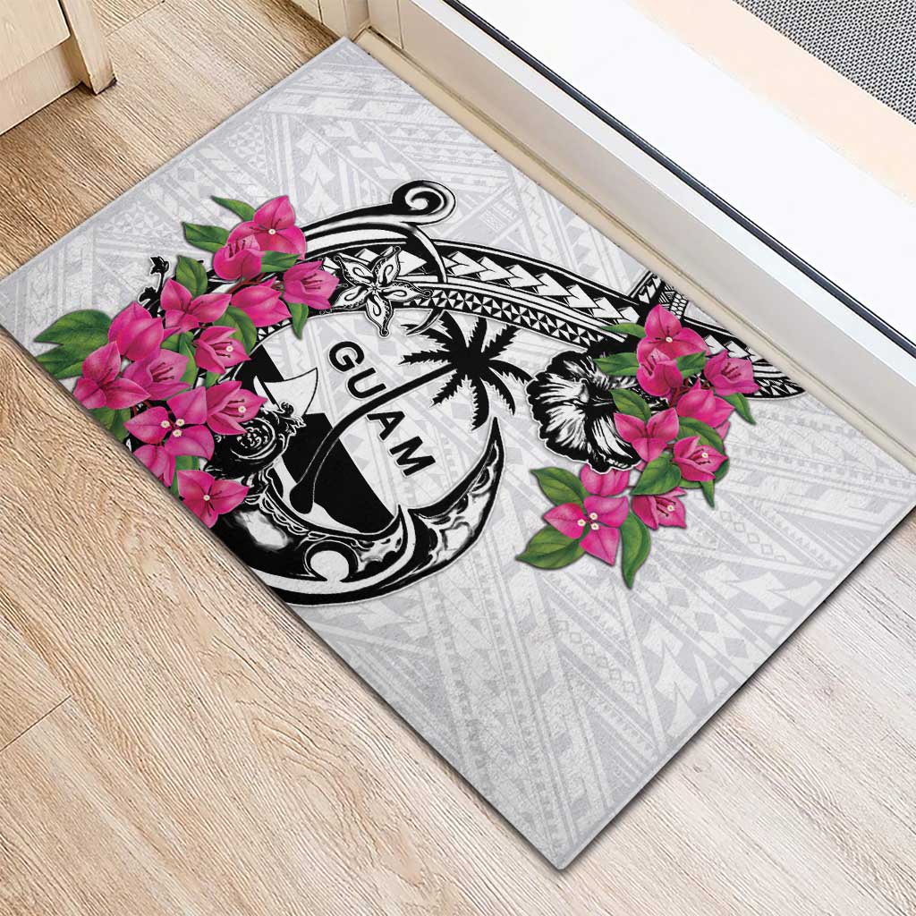Guam Chamorro Rubber Doormat Bougainvillea White Polynesian Tribal Pattern