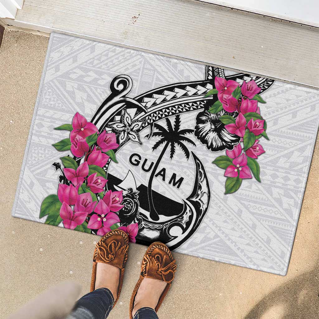 Guam Chamorro Rubber Doormat Bougainvillea White Polynesian Tribal Pattern