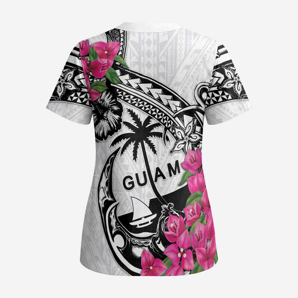 Guam Chamorro Scrub Top Bougainvillea White Polynesian Tribal Pattern - Polynesian Pride