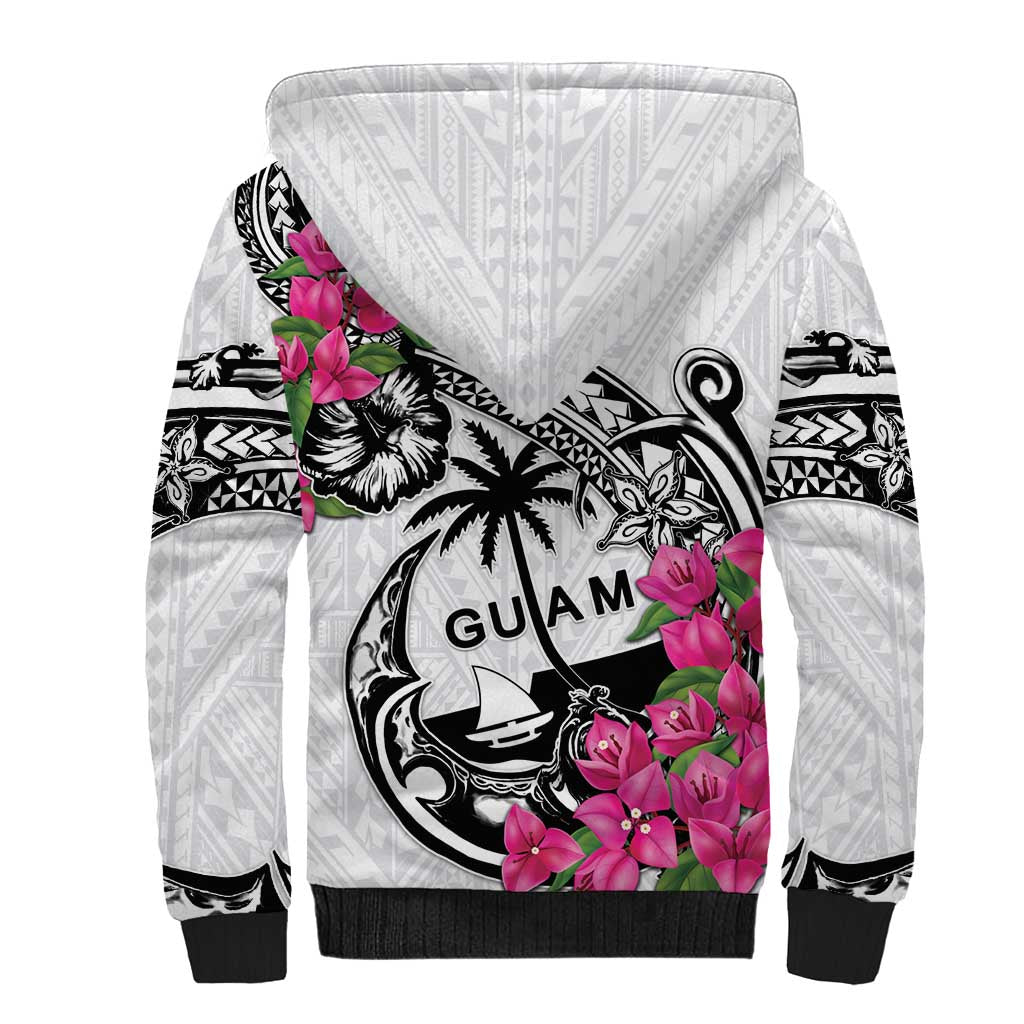 Guam Chamorro Sherpa Hoodie Bougainvillea White Polynesian Tribal Pattern